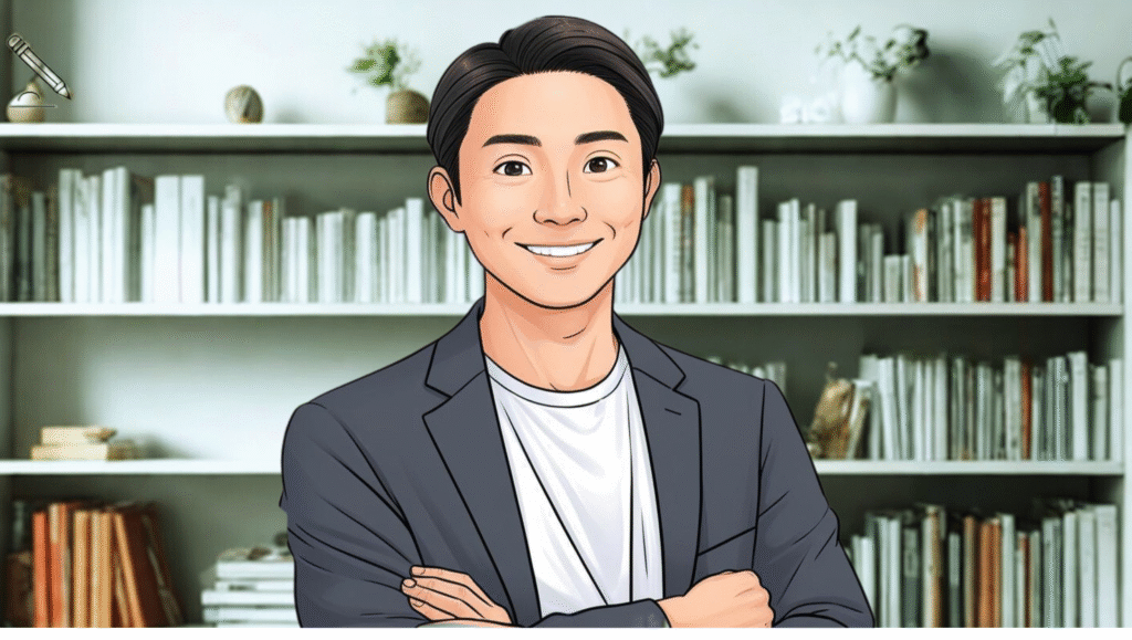 筆者の画像。ビジネスカジュアルの格好をした笑顔の男性が、本棚の前で腕を組んでいる。