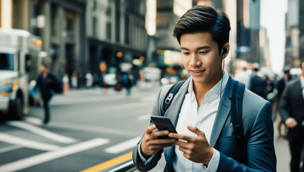 通勤中にイヤホンで音声を聞きながらスマートフォンを操作するスーツ姿の男性