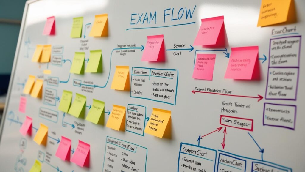 ホワイトボードに試験の流れを図解する人の手元。