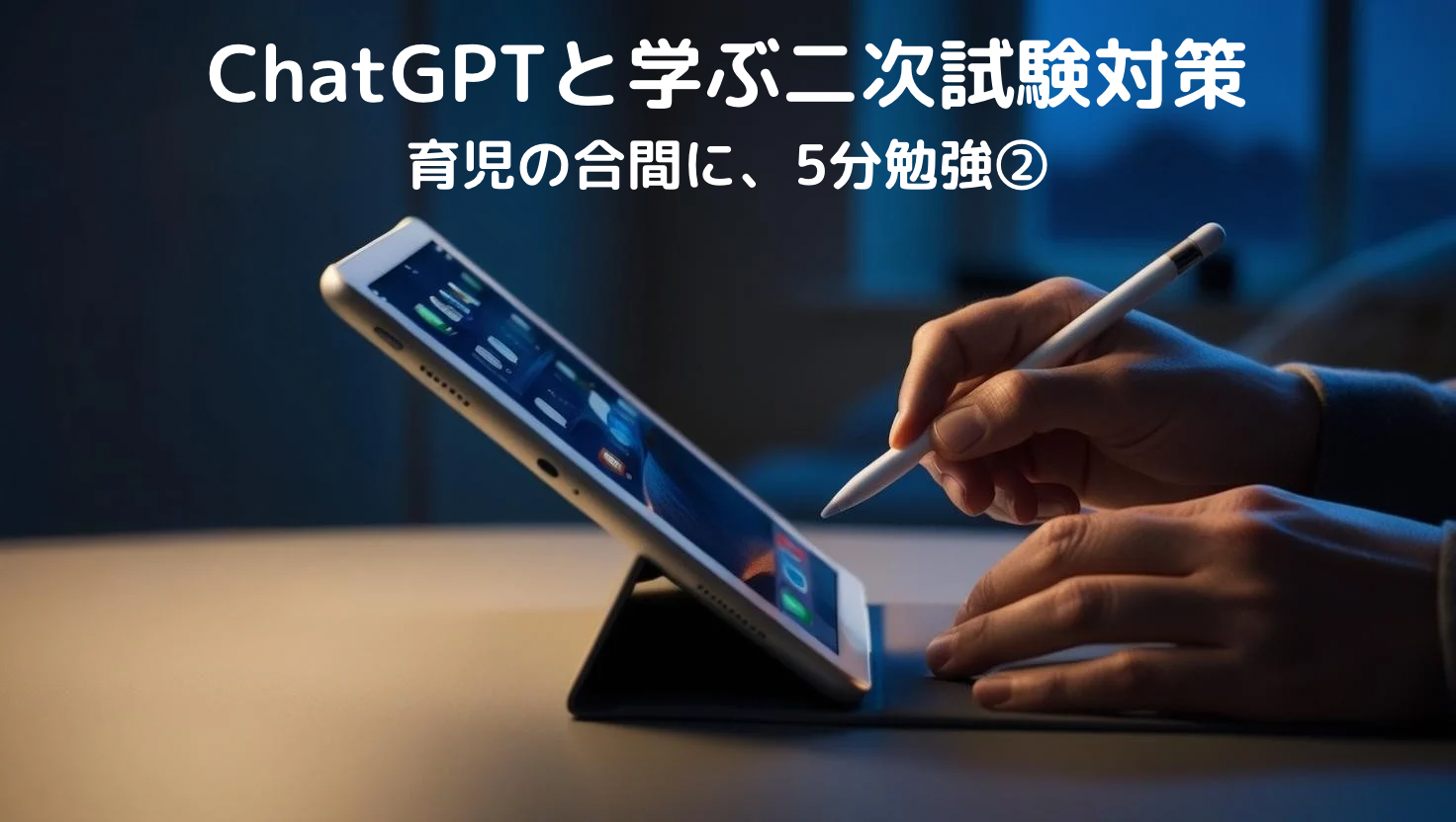 育児の合間にiPadを使ってChatGPTと中小企業診断士・事例IVの勉強をする様子。夜の静かな環境で、短時間で学習に取り組むライフスタイルを表現。